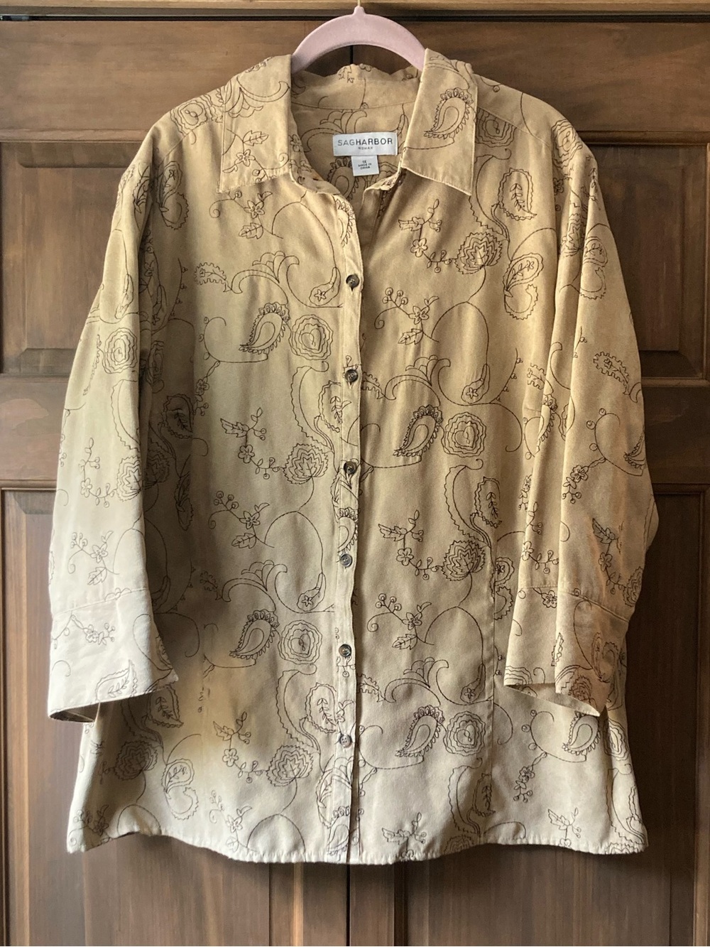 Sag Harbor Light Brown & Embroidered 3/4 Sleeve Button-up Shirt 1X